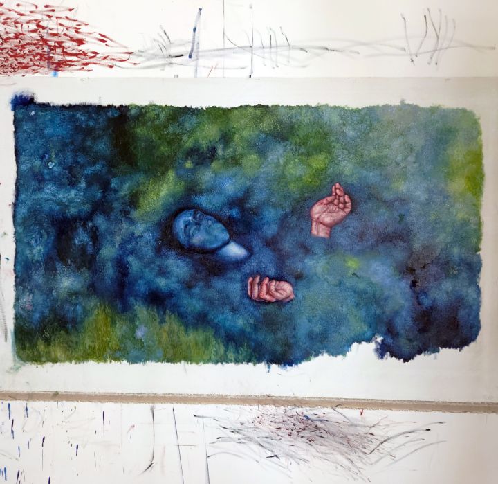Clémence Martin, Baigneuses #1 — Le jardin au bassin, 2023, huile sur toile